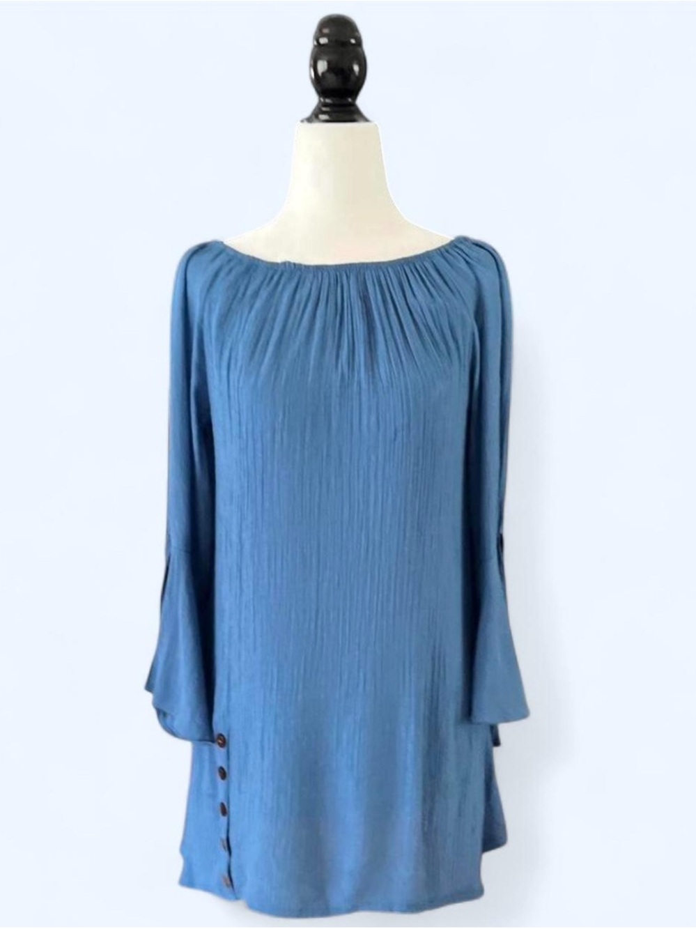 Blue Rayon Linen Long Sleeve Pleated Shift Blouse Bell Sleeves S